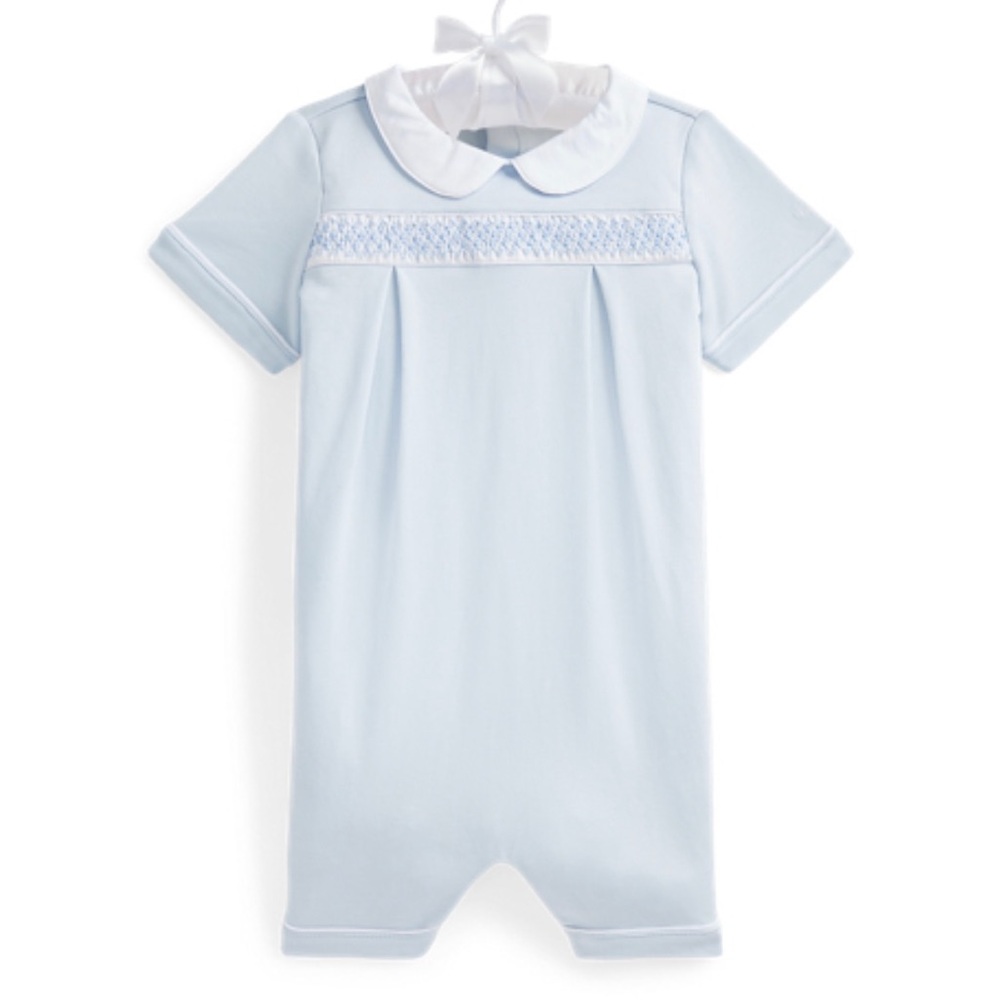 Ralph Lauren Collection Baby Blue Hand Smocked Cotton Bubble Shortall